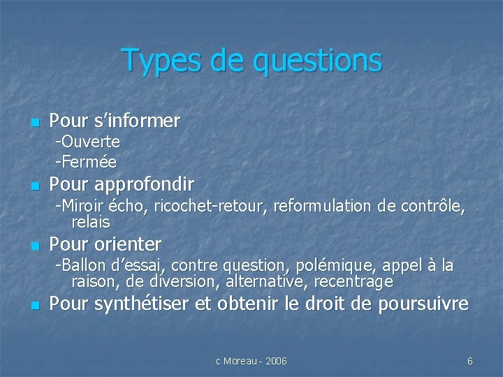 Types de questions n Pour s’informer -Ouverte -Fermée n Pour approfondir -Miroir écho, ricochet-retour,