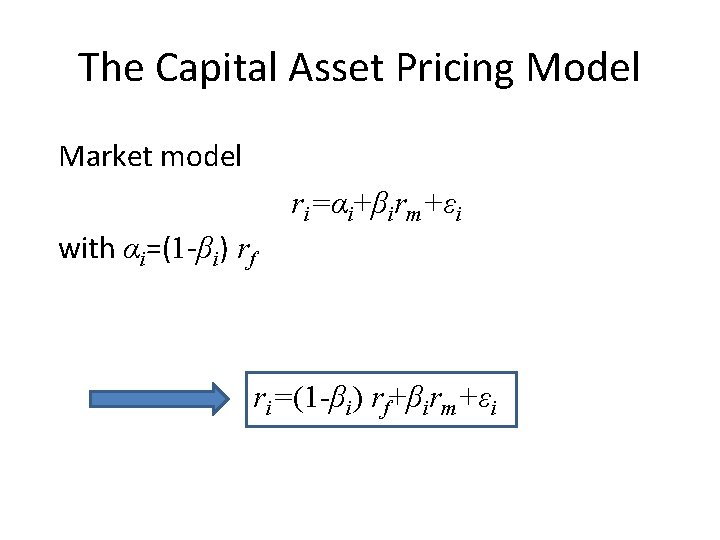 The Capital Asset Pricing Model Market model ri=αi+βirm+εi with αi=(1 -βi) rf ri=(1 -βi)