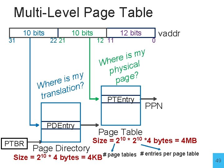 Multi-Level Page Table 31 10 bits 22 21 10 bits y m s i