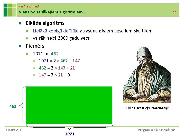 Kas ir algoritms? Viens no senākajiem algoritmiem. . . l Eiklīda algoritms l l