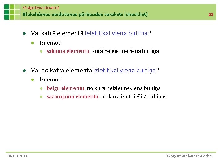 Kā algoritmus pieraksta? Blokshēmas veidošanas pārbaudes saraksts (checklist) l Vai katrā elementā ieiet tikai