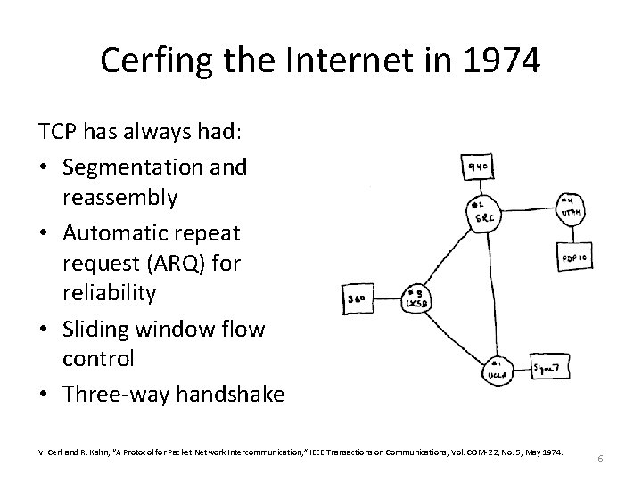 Cerfing the Internet in 1974 TCP has always had: • Segmentation and reassembly •