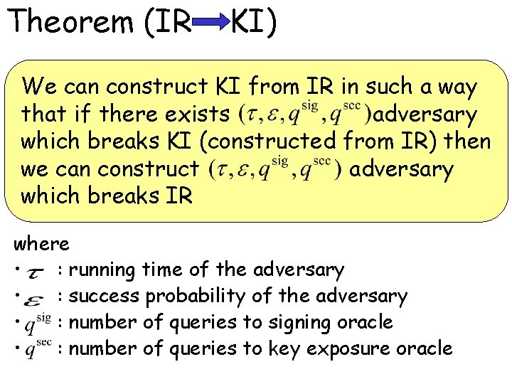 Theorem (IR KI) We can construct KI from IR in such a way that