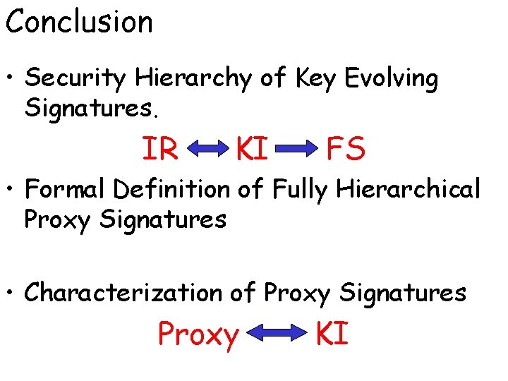Conclusion • Security Hierarchy of Key Evolving Signatures. IR KI FS • Formal Definition