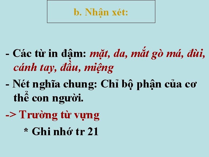 b. Nhận xét: - Các từ in đậm: mặt, da, mắt gò má, đùi, b. Nhận xét: - Các từ in đậm: mặt, da, mắt gò má, đùi,
