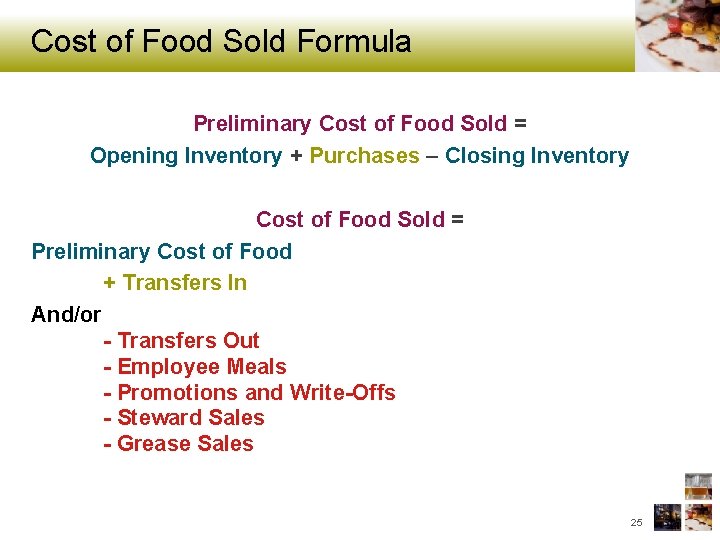 Cost of Food Sold Formula Preliminary Cost of Food Sold = Opening Inventory +