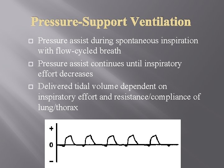 Pressure-Support Ventilation Pressure assist during spontaneous inspiration with flow-cycled breath Pressure assist continues until