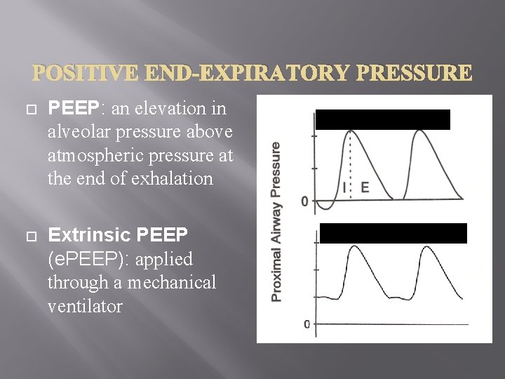 POSITIVE END-EXPIRATORY PRESSURE PEEP: an elevation in alveolar pressure above atmospheric pressure at the