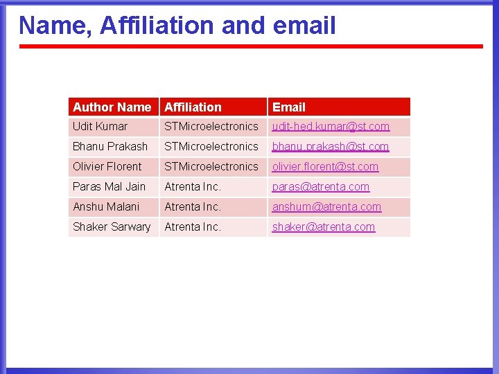 Name, Affiliation and email Author Name Affiliation Email Udit Kumar STMicroelectronics udit-hed. kumar@st. com