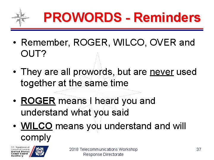 PROWORDS - Reminders • Remember, ROGER, WILCO, OVER and OUT? • They are all