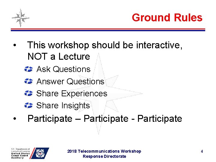 Ground Rules • This workshop should be interactive, NOT a Lecture Ask Questions Answer