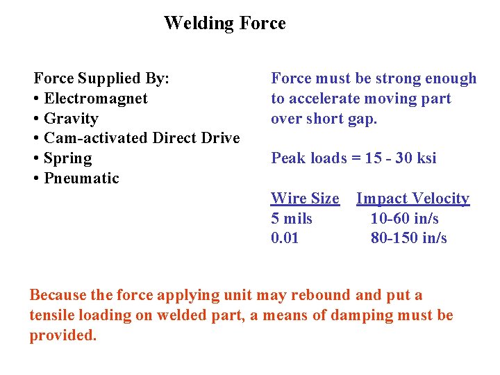 Welding Force Supplied By: • Electromagnet • Gravity • Cam-activated Direct Drive • Spring