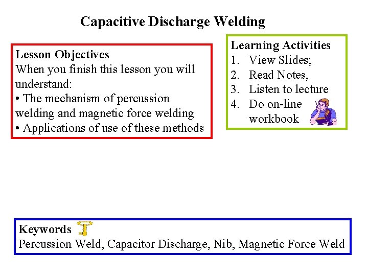 Capacitive Discharge Welding Lesson Objectives When you finish this lesson you will understand: •