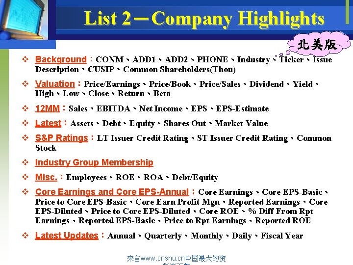 List 2－Company Highlights 北美版 v Background：CONM、ADD 1、ADD 2、PHONE、Industry、Ticker、Issue Description、CUSIP、Common Shareholders(Thou) v Valuation：Price/Earnings、Price/Book、Price/Sales、Dividend、Yield、 High、Low、Close、Return、Beta v