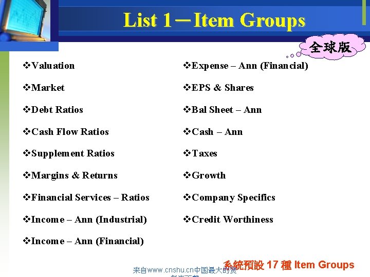 List 1－Item Groups 全球版 v. Valuation v. Expense – Ann (Financial) v. Market v.