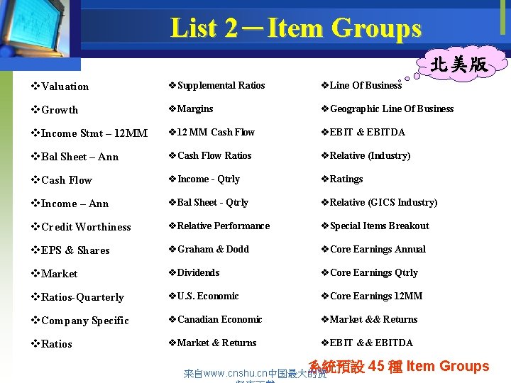 List 2－Item Groups 北美版 v. Valuation v. Supplemental Ratios v. Line Of Business v.