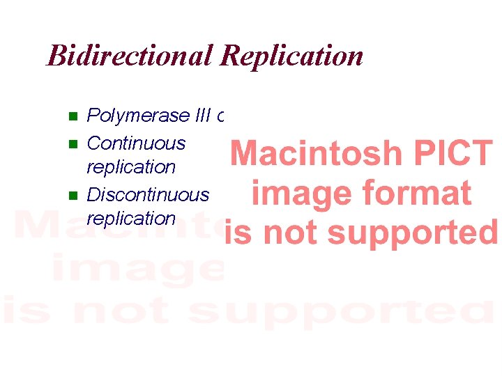 Bidirectional Replication Polymerase III dimer Continuous replication Discontinuous replication 