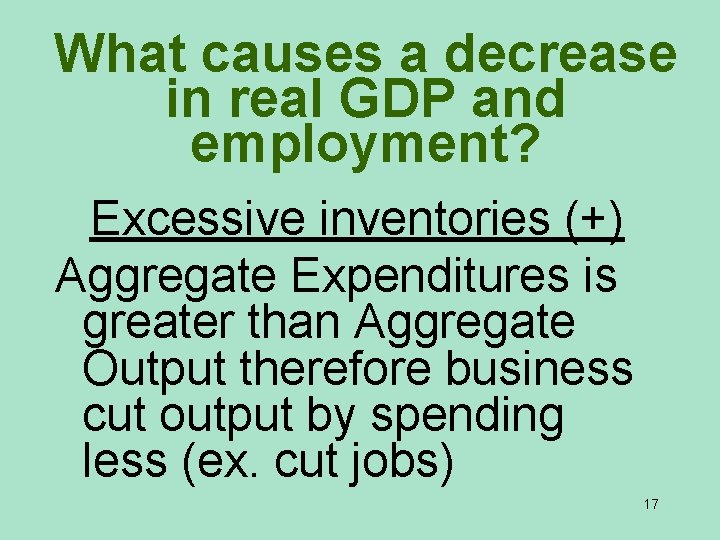 What causes a decrease in real GDP and employment? Excessive inventories (+) Aggregate Expenditures