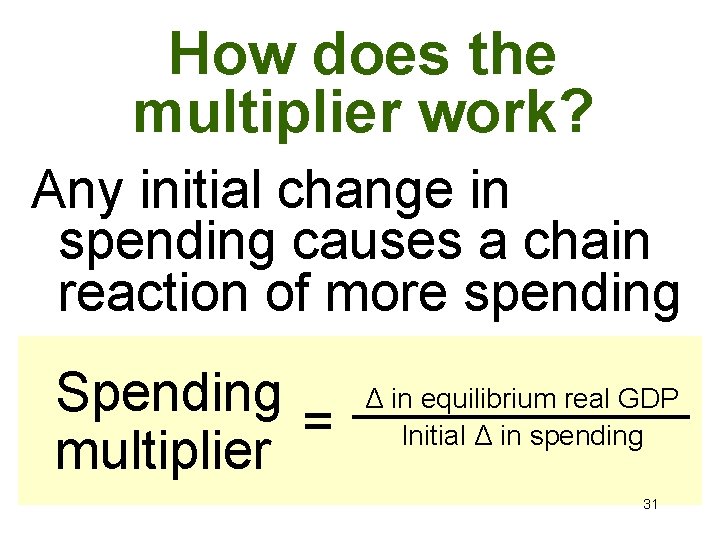 How does the multiplier work? Any initial change in spending causes a chain reaction
