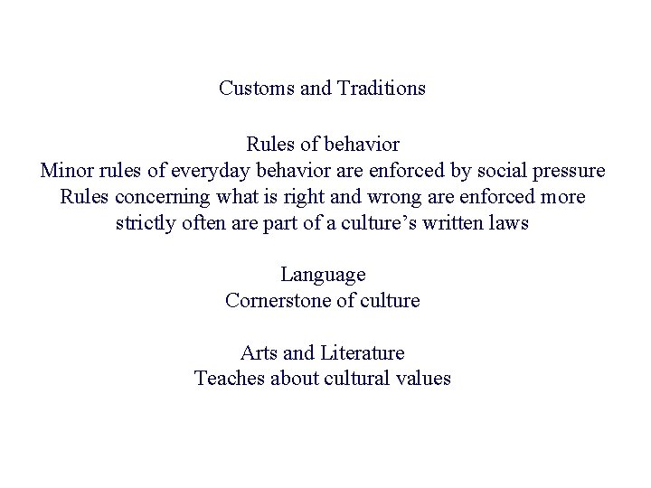 Customs and Traditions Rules of behavior Minor rules of everyday behavior are enforced by