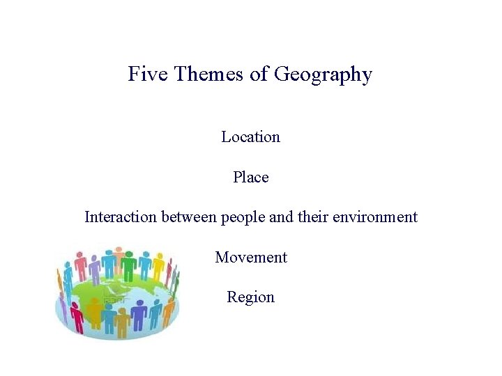 Five Themes of Geography Location Place Interaction between people and their environment Movement Region