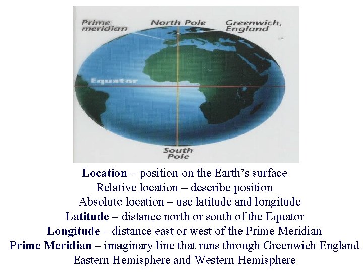 Location – position on the Earth’s surface Relative location – describe position Absolute location