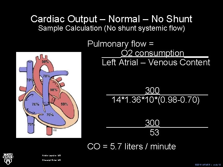 Cardiac Output – Normal – No Shunt Sample Calculation (No shunt systemic flow) Pulmonary