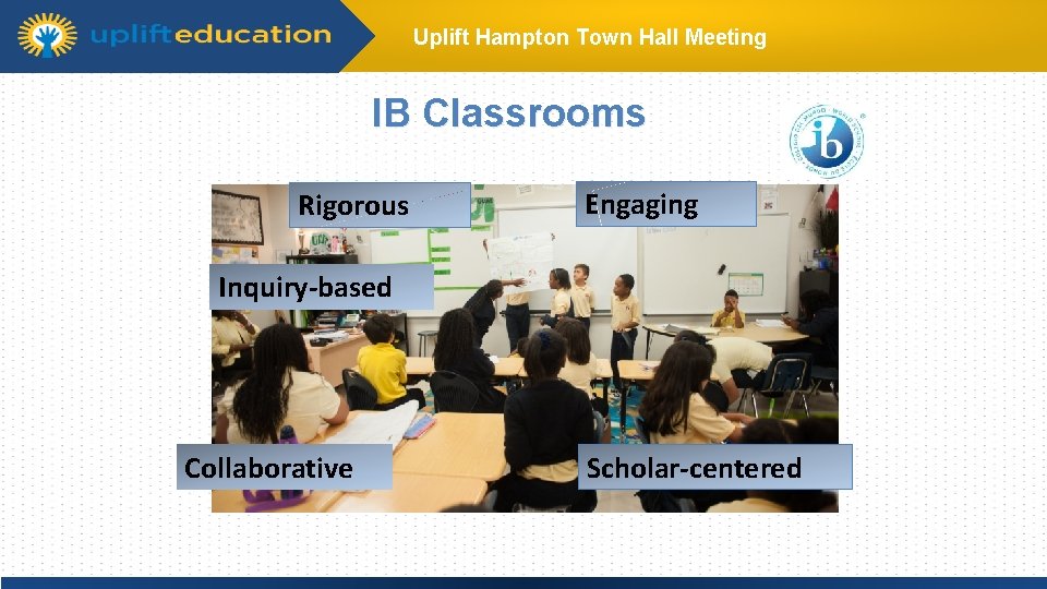 Uplift Hampton Town Hall Meeting IB Classrooms Rigorous Engaging Click to edit Master title