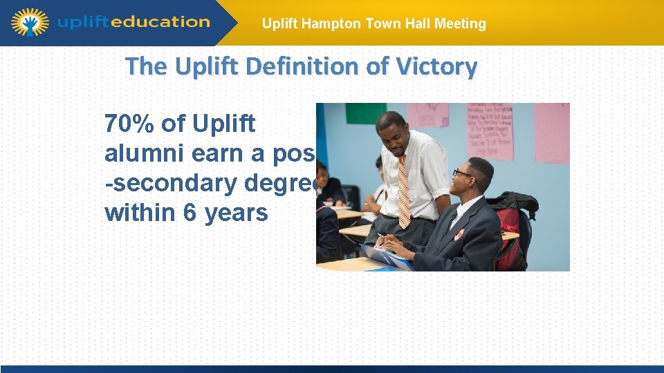 Uplift Hampton Town Hall Meeting The Uplift Definition of Victory 70% of Uplift Click