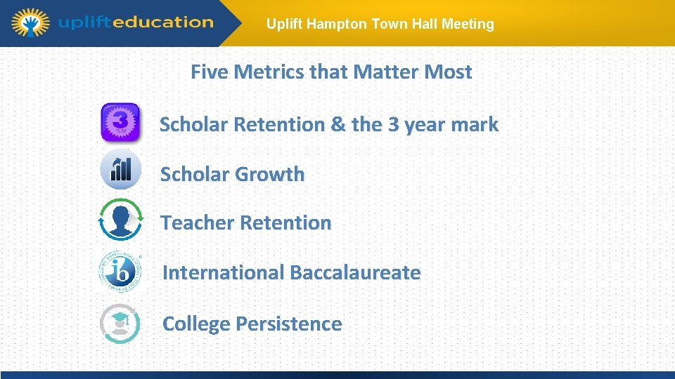 Uplift Hampton Town Hall Meeting Five Metrics that Matter Most Scholar Retention & the