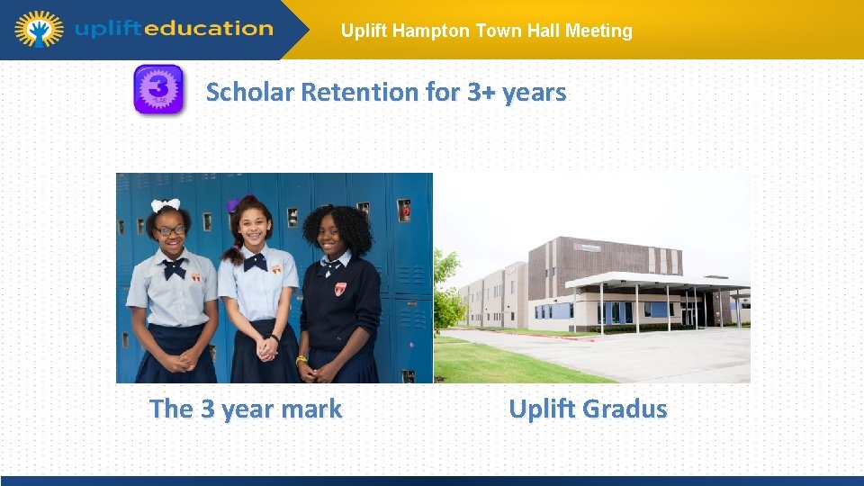 Uplift Hampton Town Hall Meeting Scholar Retention for 3+ years Click to edit Master