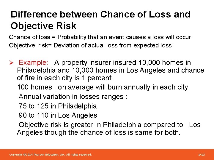 Difference between Chance of Loss and Objective Risk Chance of loss = Probability that