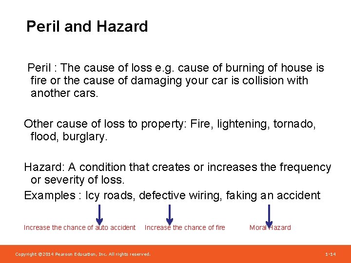 Peril and Hazard Peril : The cause of loss e. g. cause of burning
