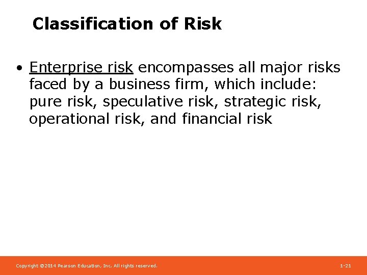 Classification of Risk • Enterprise risk encompasses all major risks faced by a business
