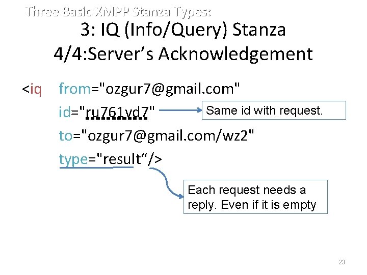 Three Basic XMPP Stanza Types: 3: IQ (Info/Query) Stanza 4/4: Server’s Acknowledgement <iq from="ozgur