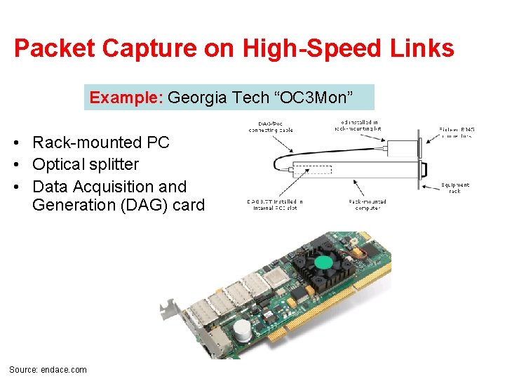 Packet Capture on High-Speed Links Example: Georgia Tech “OC 3 Mon” • Rack-mounted PC