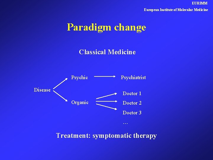 EURIMM European Institute of Molecular Medicine Paradigm change Classical Medicine Psychic Disease Psychiatrist Doctor