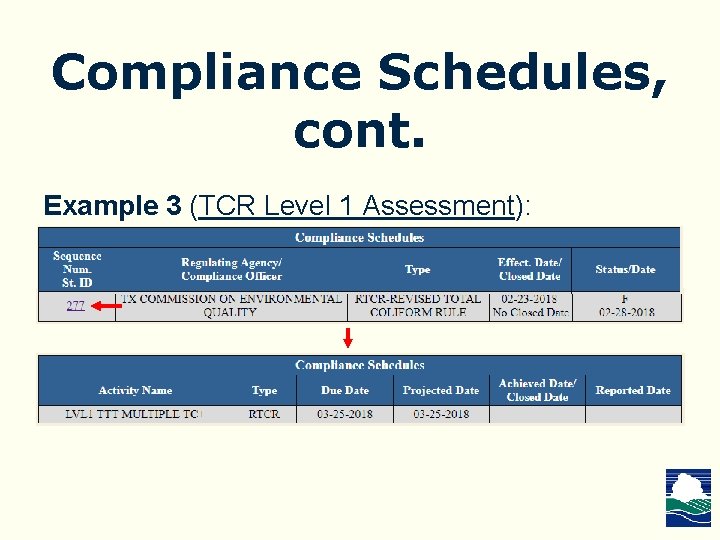 Compliance Schedules, cont. Example 3 (TCR Level 1 Assessment): 