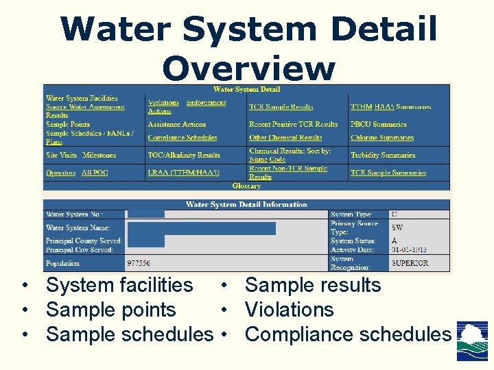 Water System Detail Overview • System facilities • Sample results • Sample points •