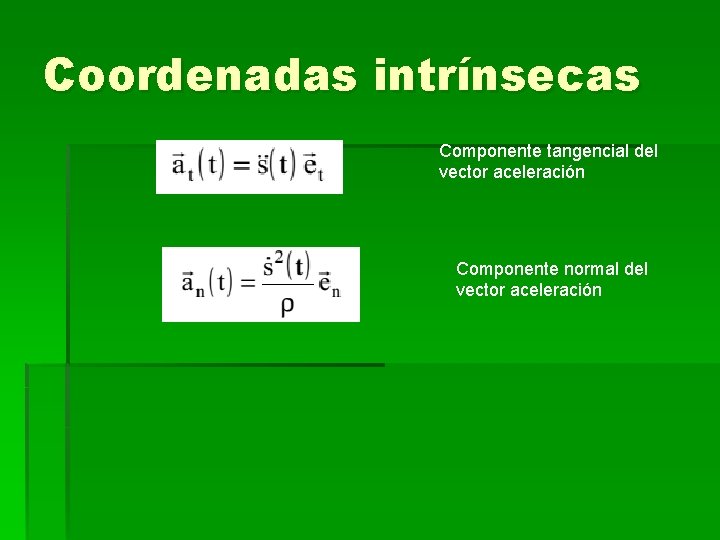 Coordenadas intrínsecas Componente tangencial del vector aceleración Componente normal del vector aceleración 