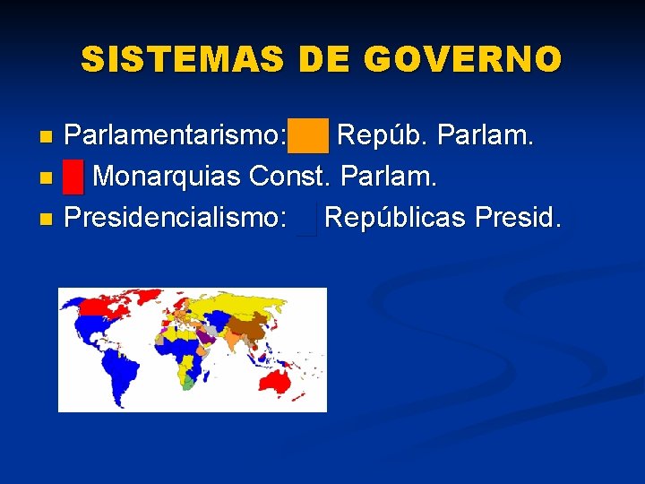 SISTEMAS DE GOVERNO Parlamentarismo: ██ Repúb. Parlam. n █ Monarquias Const. Parlam. n Presidencialismo: