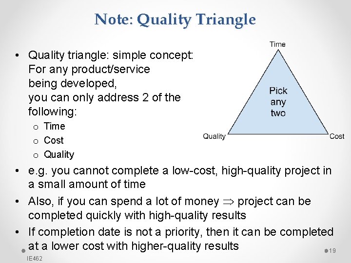 Note: Quality Triangle • Quality triangle: simple concept: For any product/service being developed, you