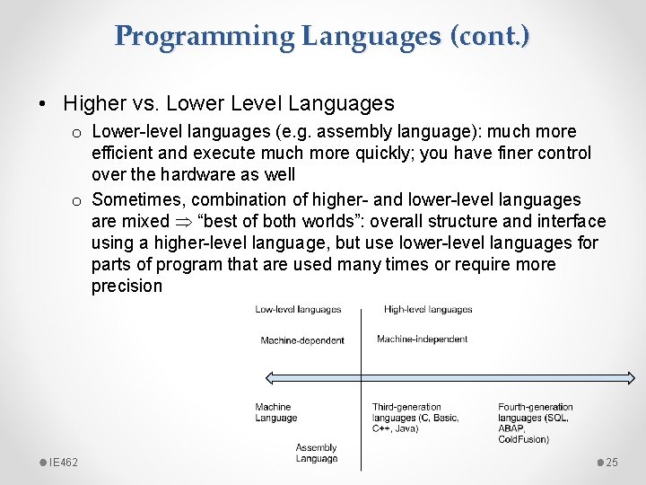 Programming Languages (cont. ) • Higher vs. Lower Level Languages o Lower-level languages (e.