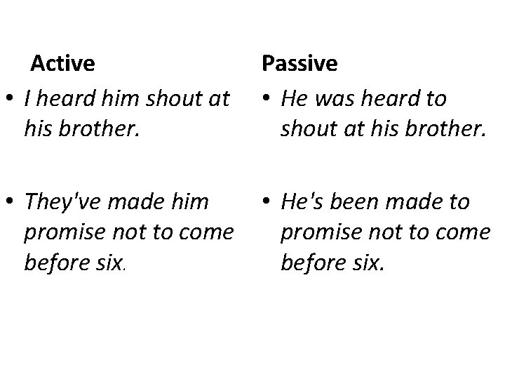 Active • I heard him shout at his brother. Passive • He was heard Active • I heard him shout at his brother. Passive • He was heard