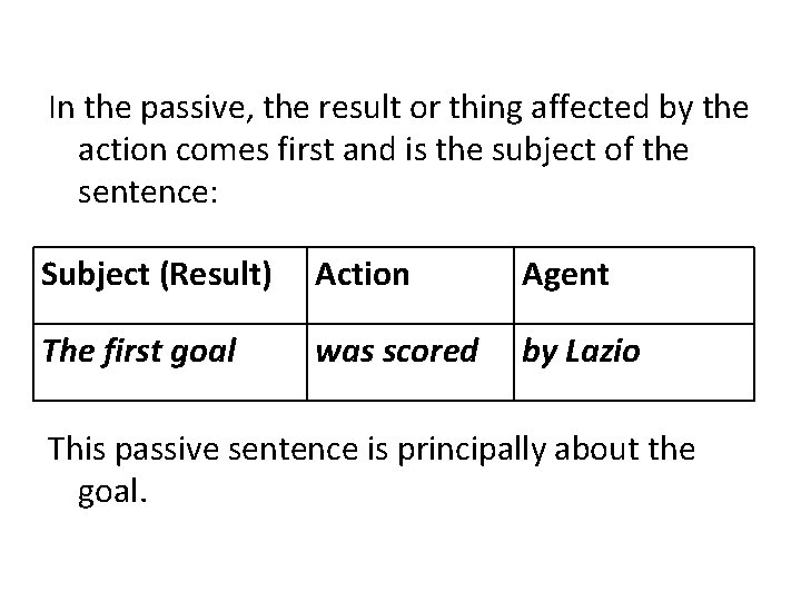 In the passive, the result or thing affected by the action comes first and In the passive, the result or thing affected by the action comes first and