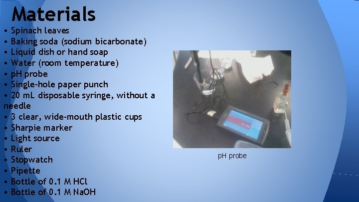 Materials • Spinach leaves • Baking soda (sodium bicarbonate) • Liquid dish or hand Materials • Spinach leaves • Baking soda (sodium bicarbonate) • Liquid dish or hand