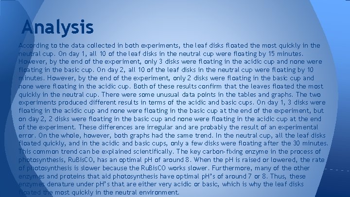 Analysis According to the data collected in both experiments, the leaf disks floated the Analysis According to the data collected in both experiments, the leaf disks floated the