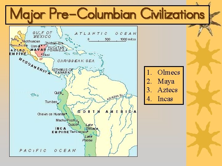 Major Pre-Columbian Civilizations 1. 2. 3. 4. Olmecs Maya Aztecs Incas 