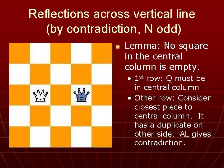 Reflections across vertical line (by contradiction, N odd) n Lemma: No square in the