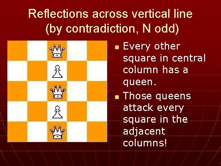 Reflections across vertical line (by contradiction, N odd) n n Every other square in
